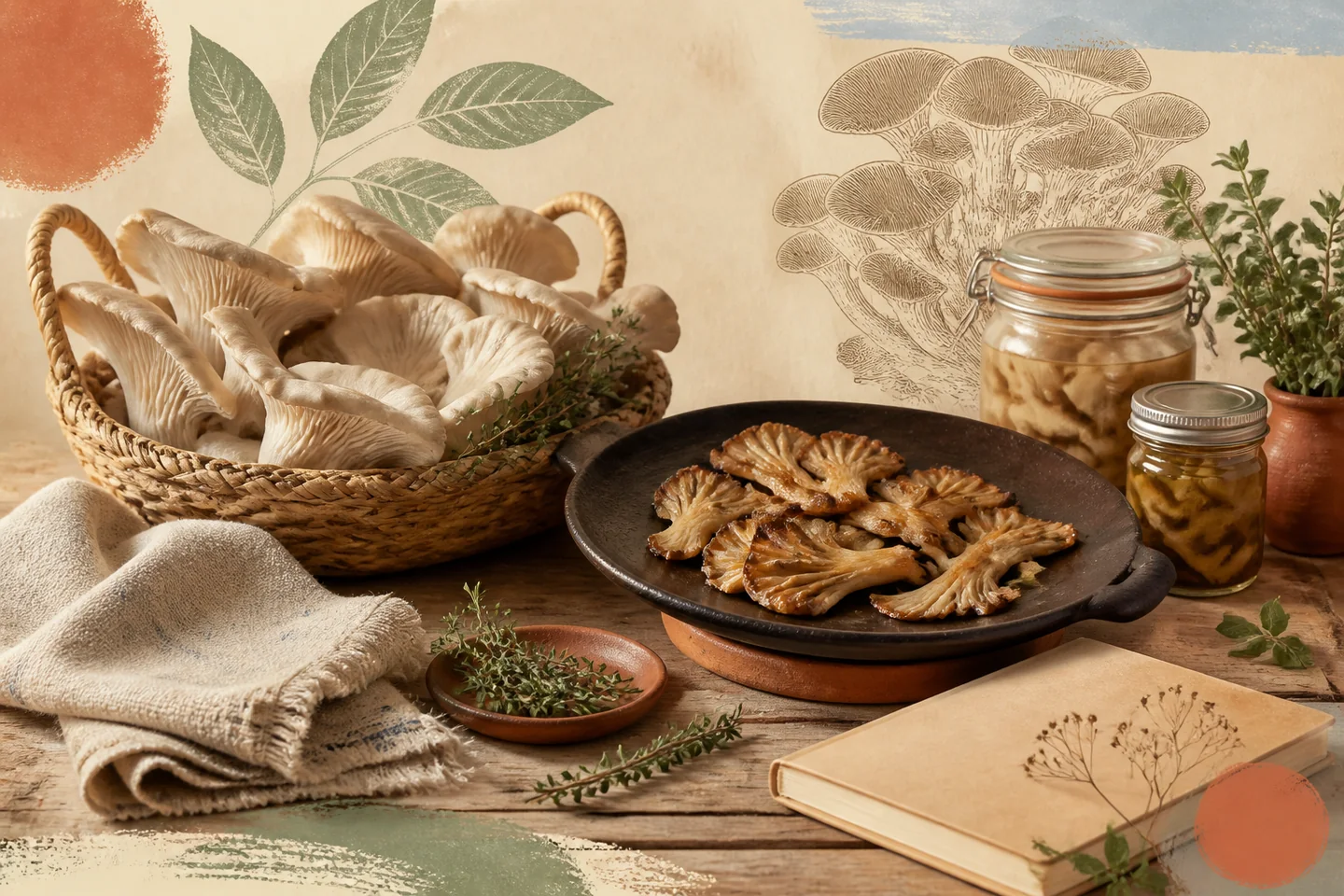 Escena editorial de setas frescas y doradas en una cocina cálida